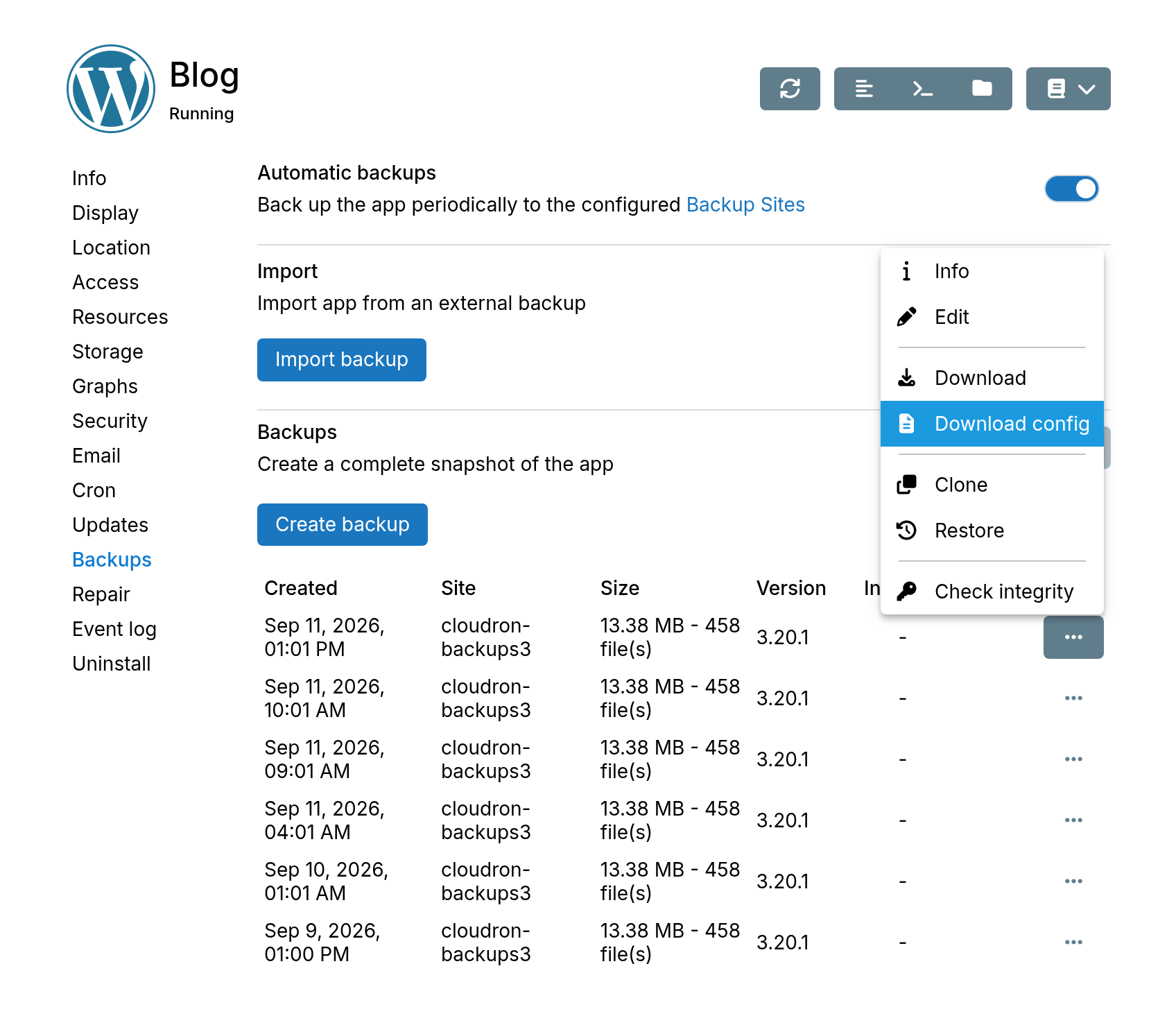 App Backups Download Configuration