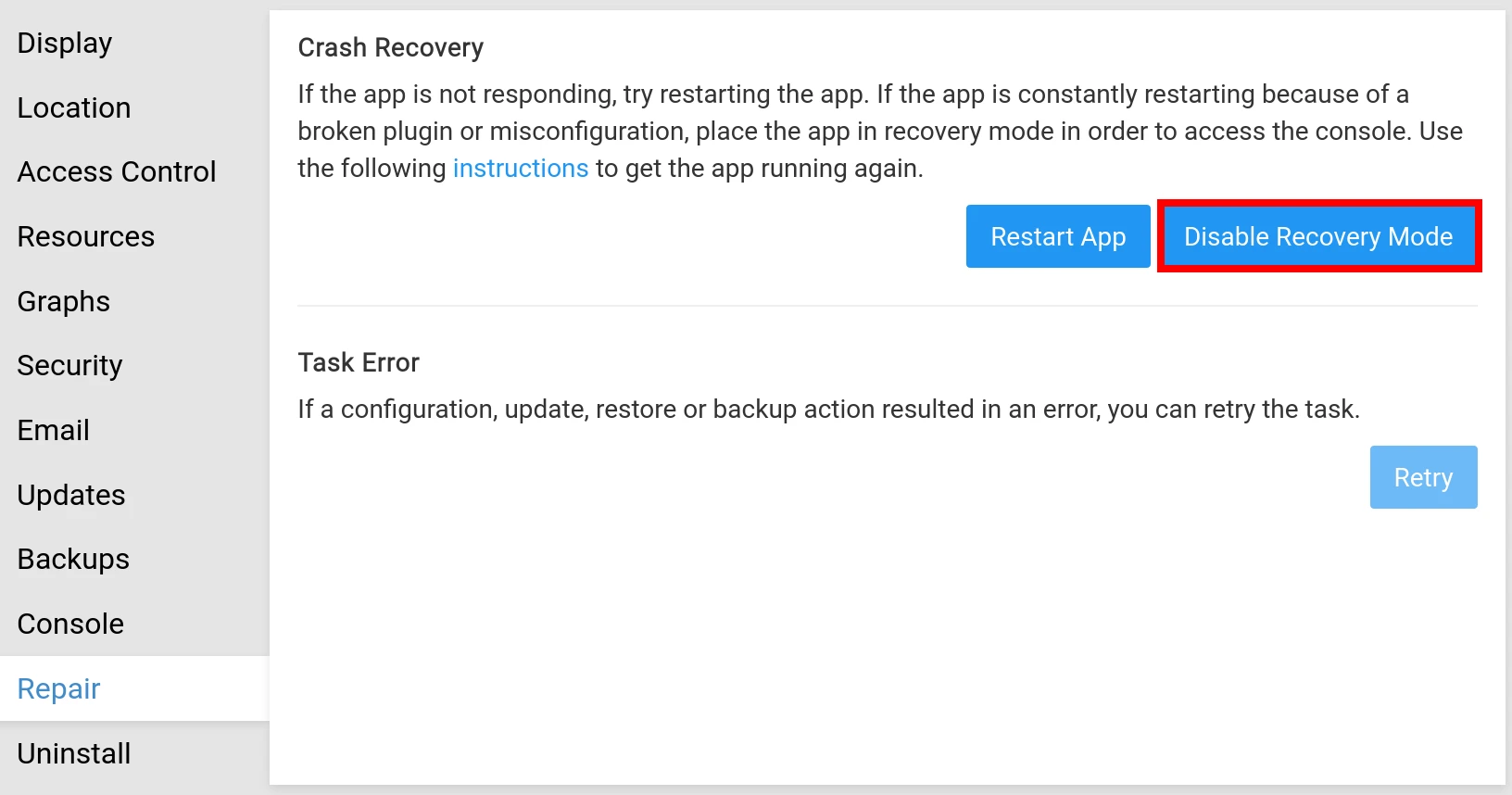 App Disable Recovery Mode