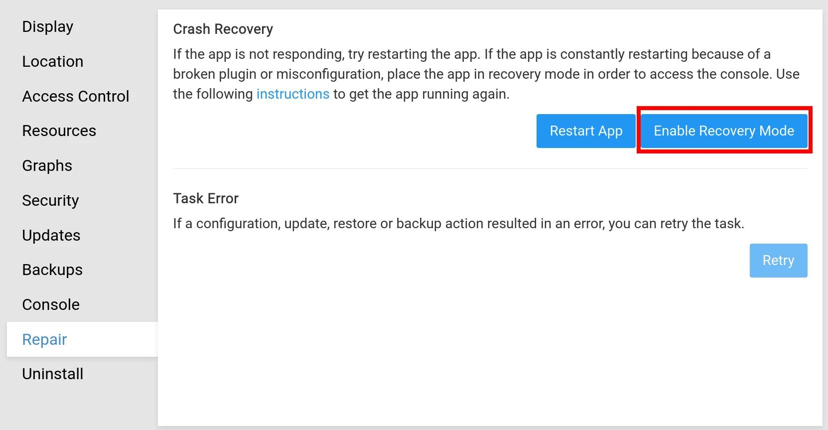 App Enable Recovery Mode