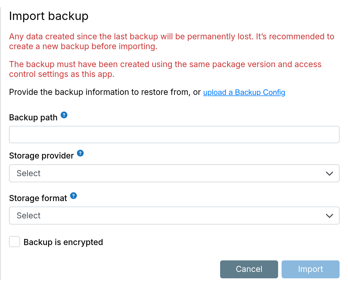App Import Upload Configuration