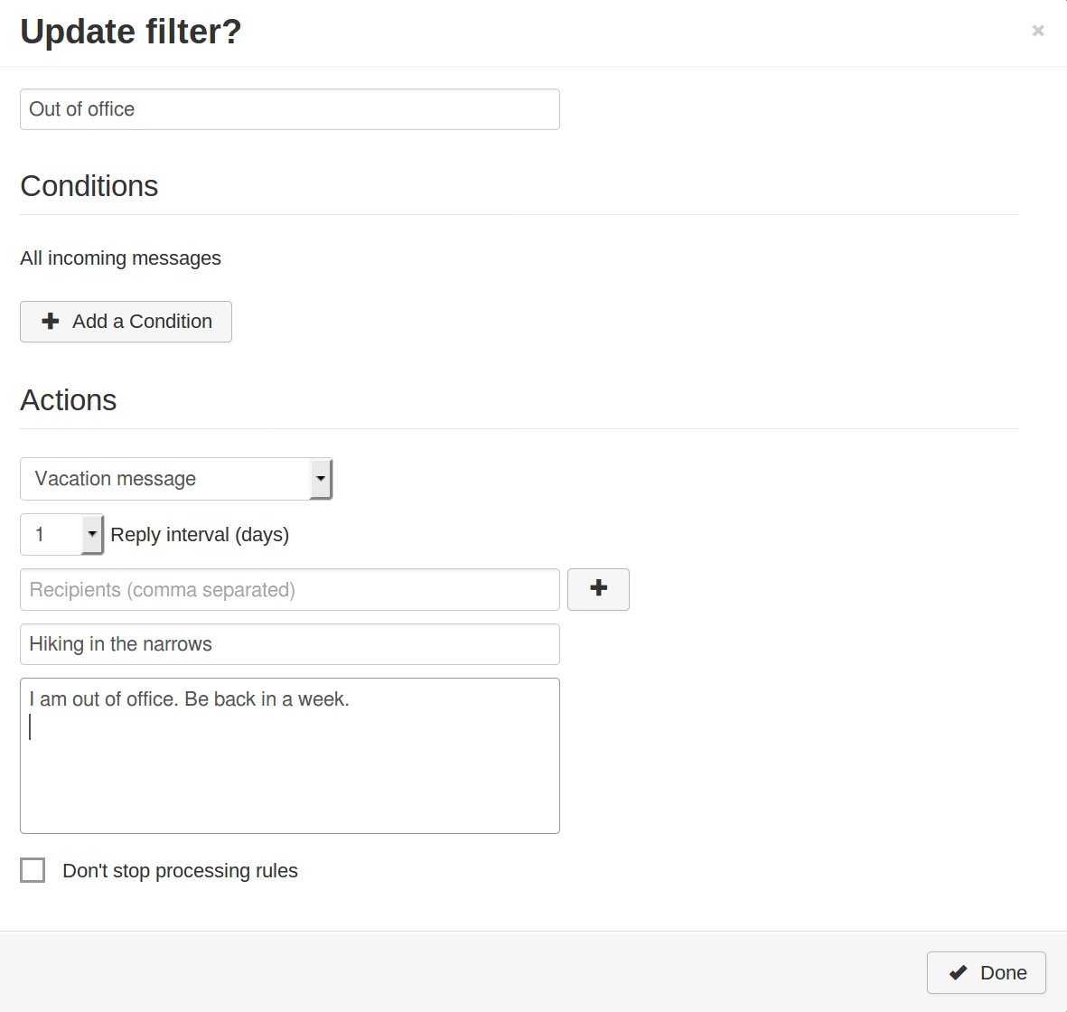 Email Vacation Message Rainloop
