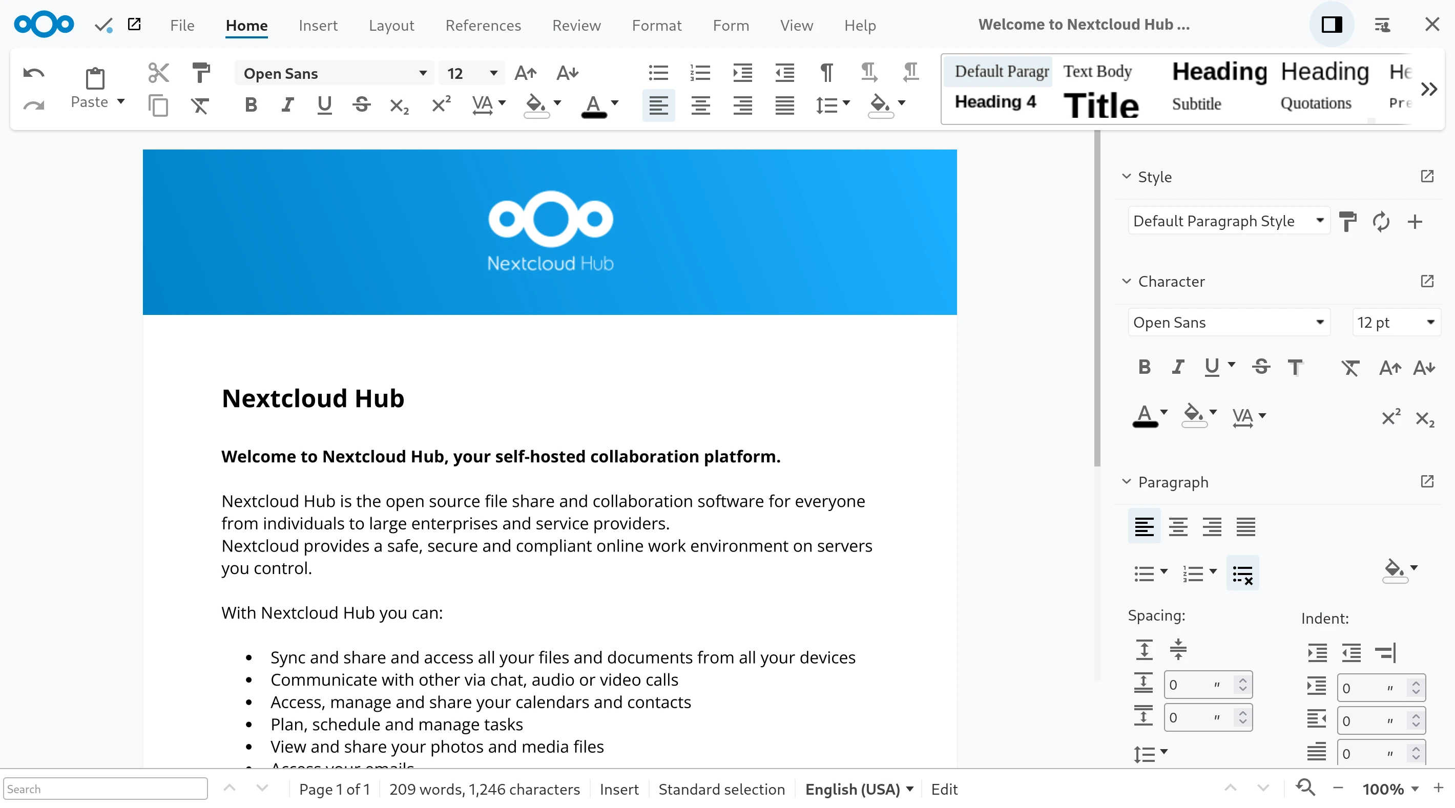 a screenshot of the collabora editor showing the default Nextcloud document