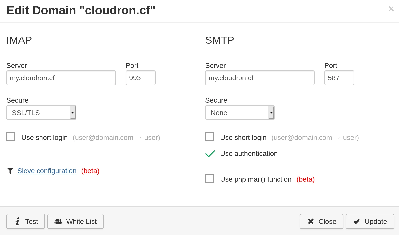 a screenshot showing the configuration of IMAP and SMTP settings