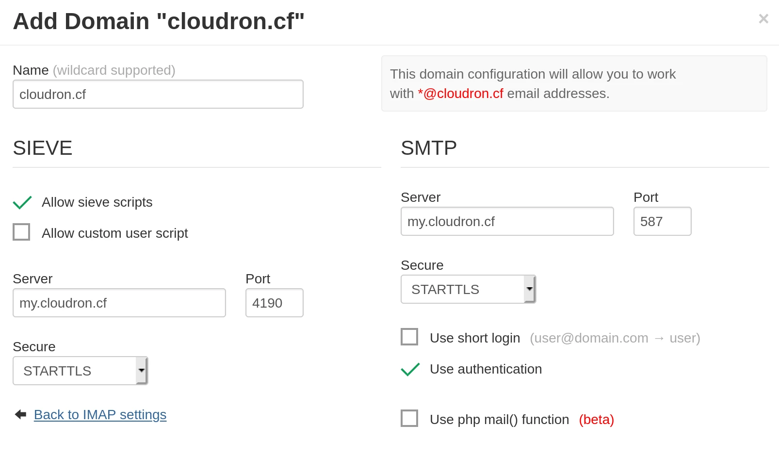 a screenshot showing the configuration of Sieve settings